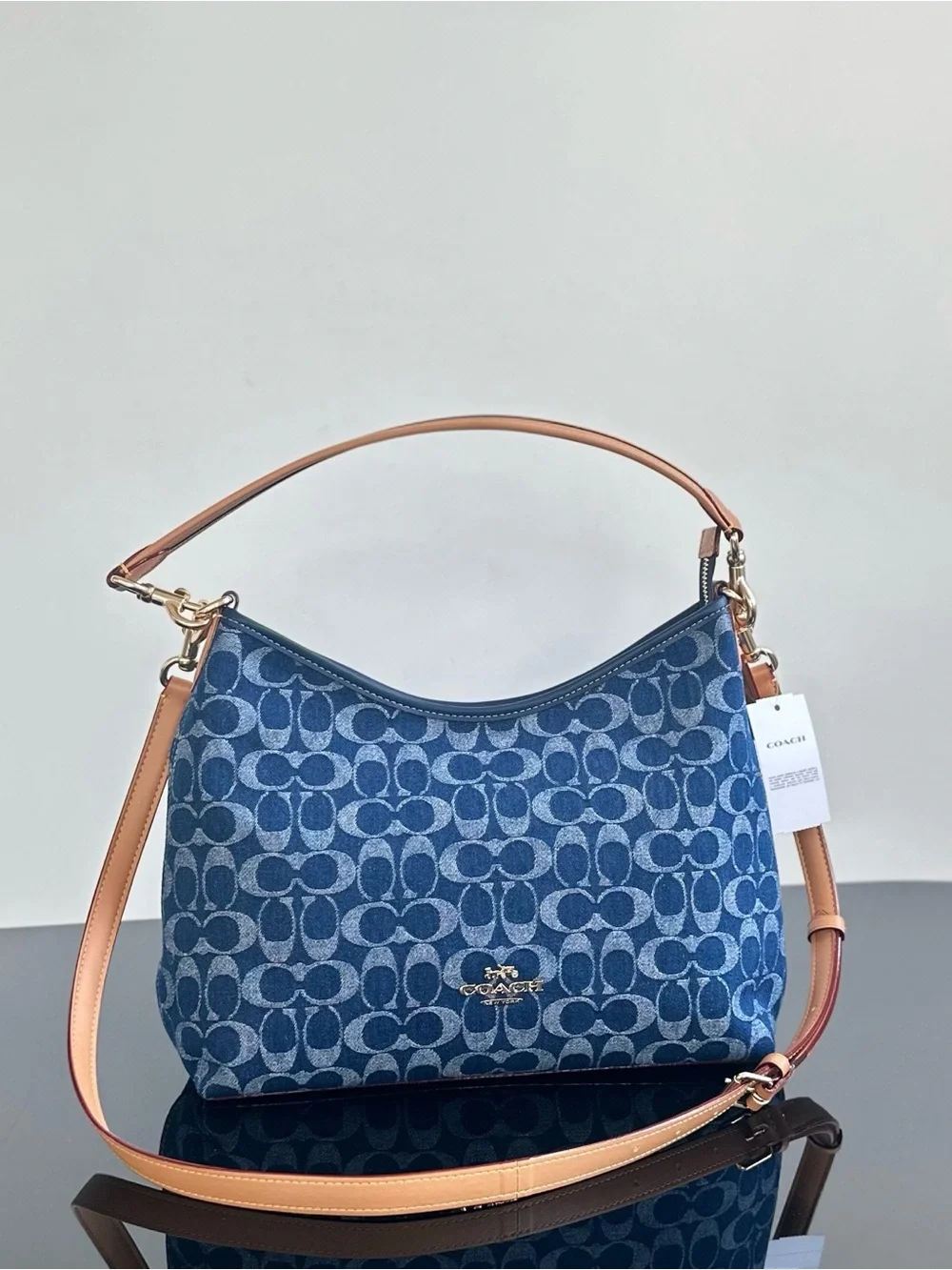 Coach Blue Signature Denim Shoulder Hobo with Tan Leather Strap